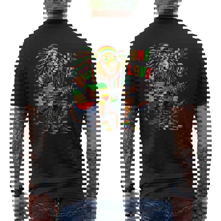 ヴィンテージ ラスタ ライオン レゲエ 音楽 One Loveibe ギター グラフィック メンズTシャツ バックプリント