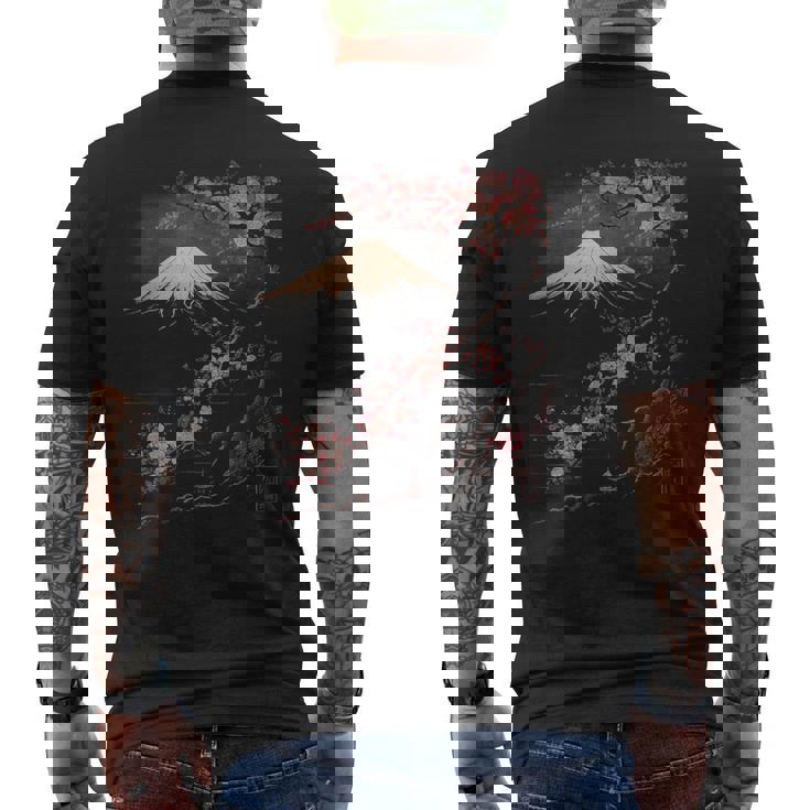 ヴィンテージ 桜 富士山 日本アート 日本 グラフィック メンズTシャツ バックプリント