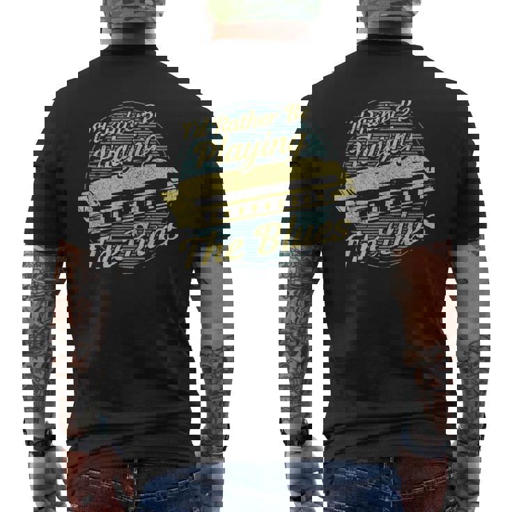 ヴィンテージスタイルの音楽家ハーモニカ ブルース メンズTシャツ バックプリント