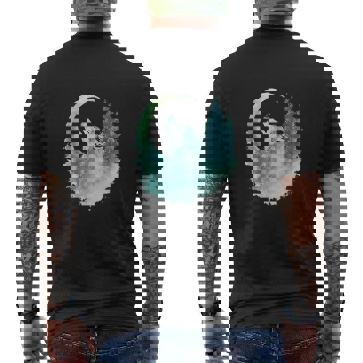 三日月の下で遠吠えするオオカミ 野生動物 メンズTシャツ バックプリント