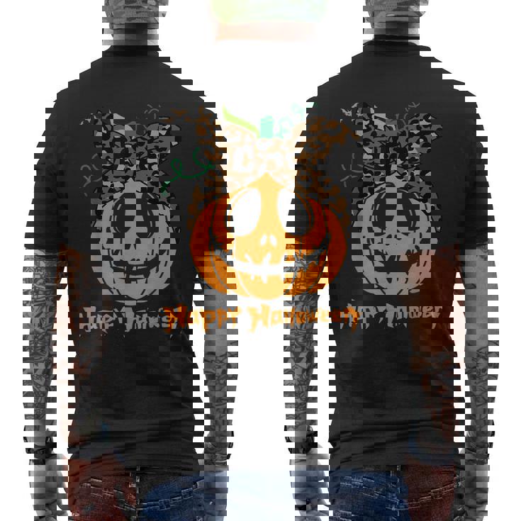 不気味なカボチャ ヒョウ柄 乱雑なお団子 ハロウィン 面白い メンズTシャツ バックプリント