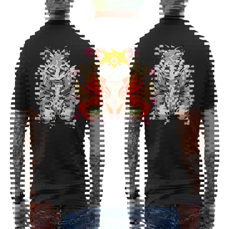 九尾 狐 きつね 日本の桜 メンズTシャツ バックプリント