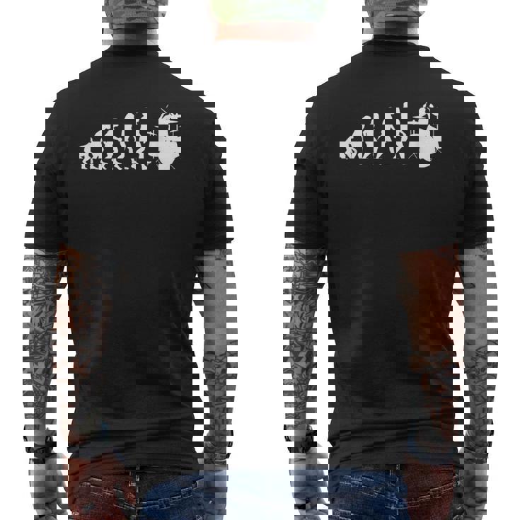 人類の進化 ネタ ジャズ ポップ バンド 音楽 ドラマー ドラム奏者 ミュージシャン おもしろ ドラム メンズTシャツ バックプリント