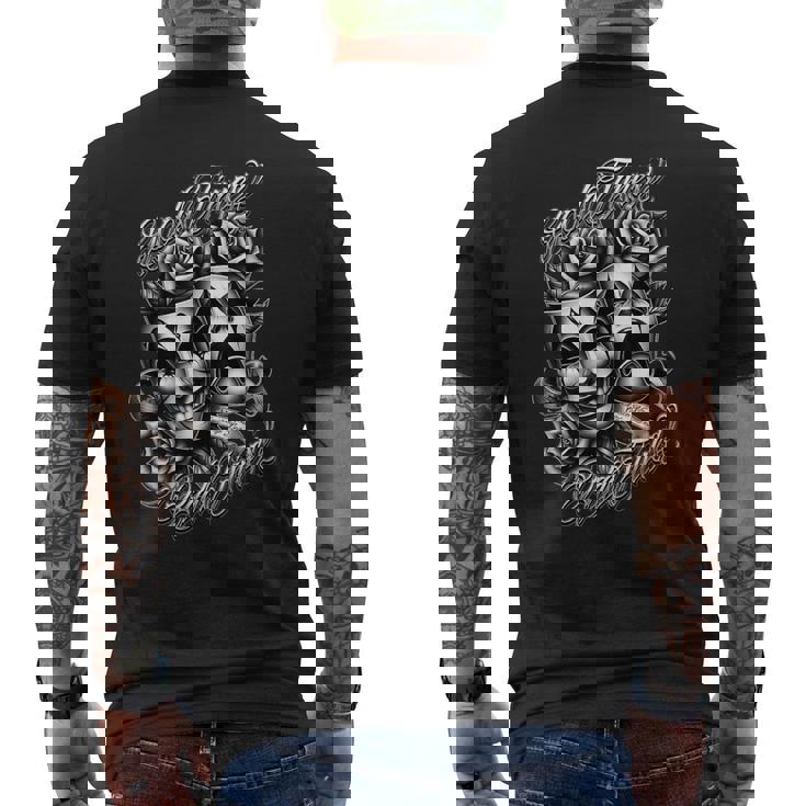 今笑って、後で泣こう。タトゥー チカーノ・アート ピエロの仮面 ローライダー メンズTシャツ バックプリント