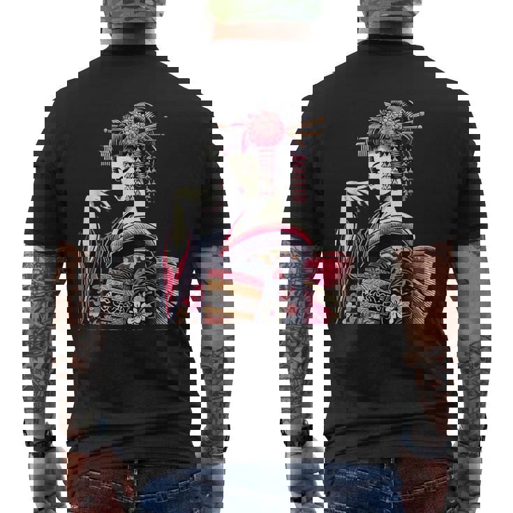 伝統的な着物のエレガントな日本の芸者のイラスト メンズTシャツ バックプリント