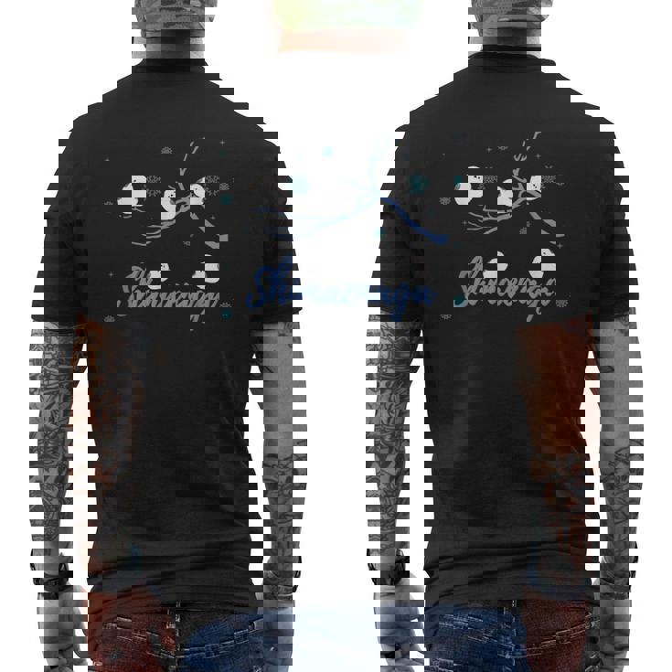 北海道 冬の風景 シマエナガのイラスト 雪の結晶 可愛い小鳥 メンズTシャツ バックプリント