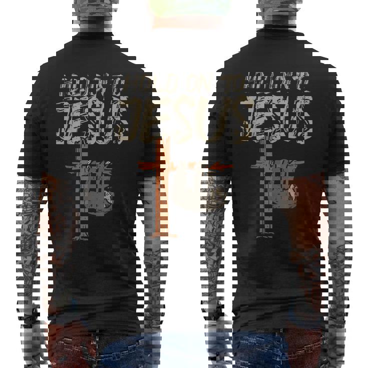 吊り下げナマケモノ ホールド オン イエス 神 クリスチャン メンズ レディース キッズ メンズTシャツ バックプリント