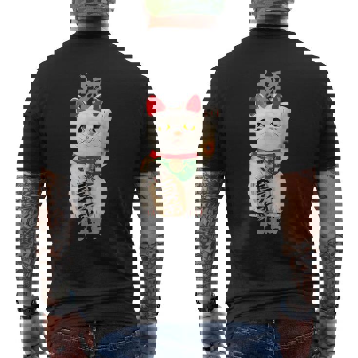 和風招き猫デザイン 縁起物アート 招福と金運アップ メンズTシャツ バックプリント