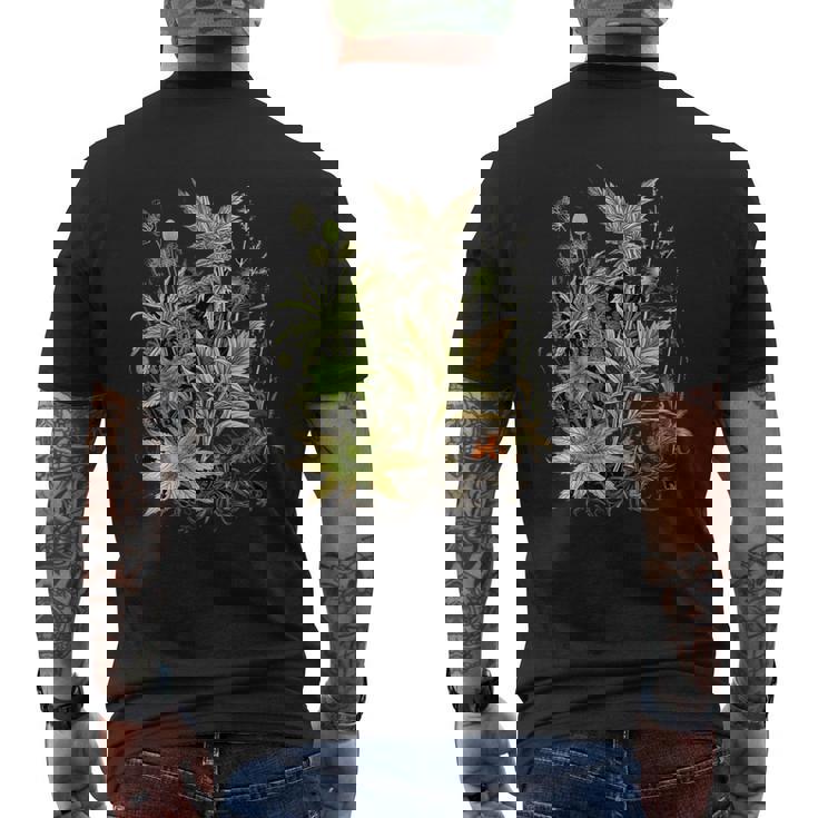 大麻植物とつぼみ 420 草 麻 サティバ インディカ ポットヘッド メンズTシャツ バックプリント