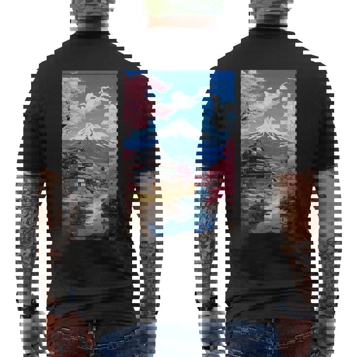 寺と富士山のある日本の風景 メンズTシャツ バックプリント