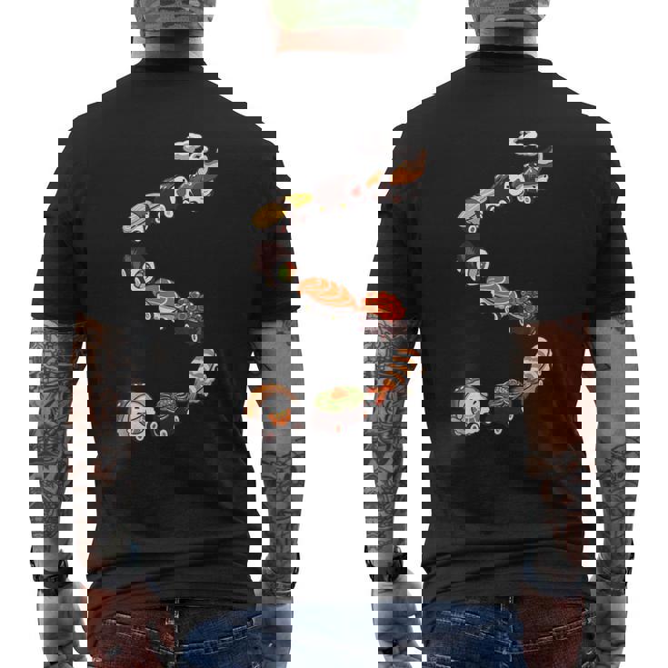 寿司 の 電車 すし いくら サーモン たまご 鉄火巻き メンズTシャツ バックプリント