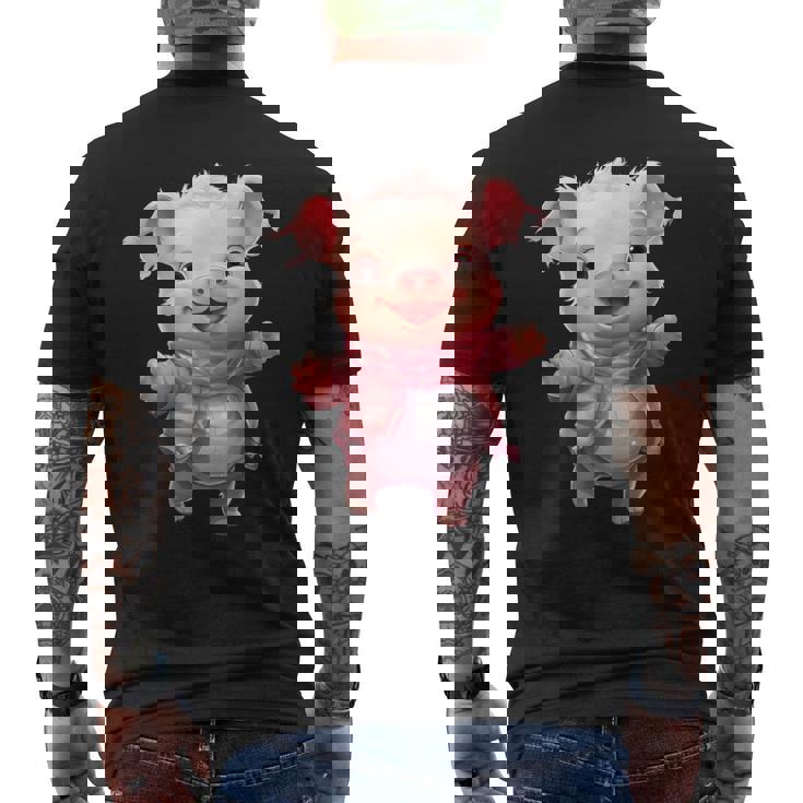 帽子とスカーフを着た豚のクリスマスプレゼント メンズTシャツ バックプリント