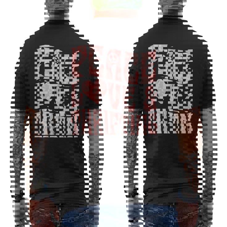 平和の愛と倹約心と平和のシンボル。 メンズTシャツ バックプリント