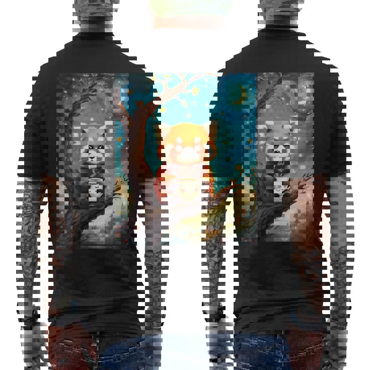 愛らしいレッサーパンダとティーカップの星月夜イラスト メンズTシャツ バックプリント