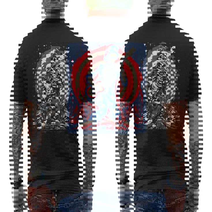 愛国的なスケルトン ロックンロールミュージック アメリカンスタイル メンズTシャツ バックプリント
