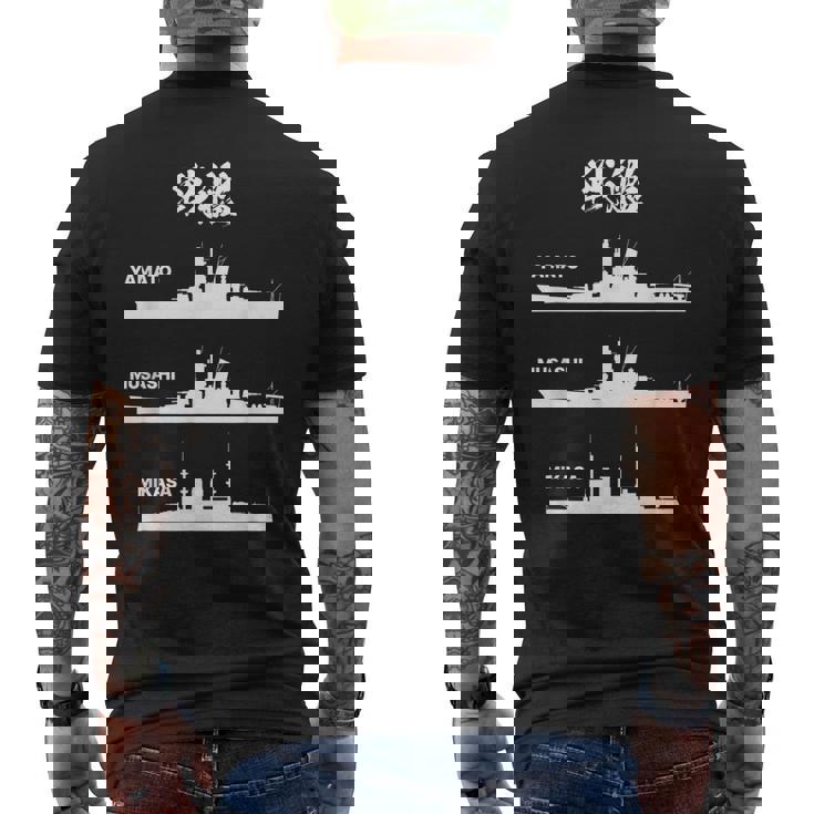 戦艦【大和 武蔵 三笠】軍艦 シルエット 日本 大日本帝国 海軍 帝国海軍 船 面白い ネタ 文字入り ウケ狙い メンズTシャツ バックプリント