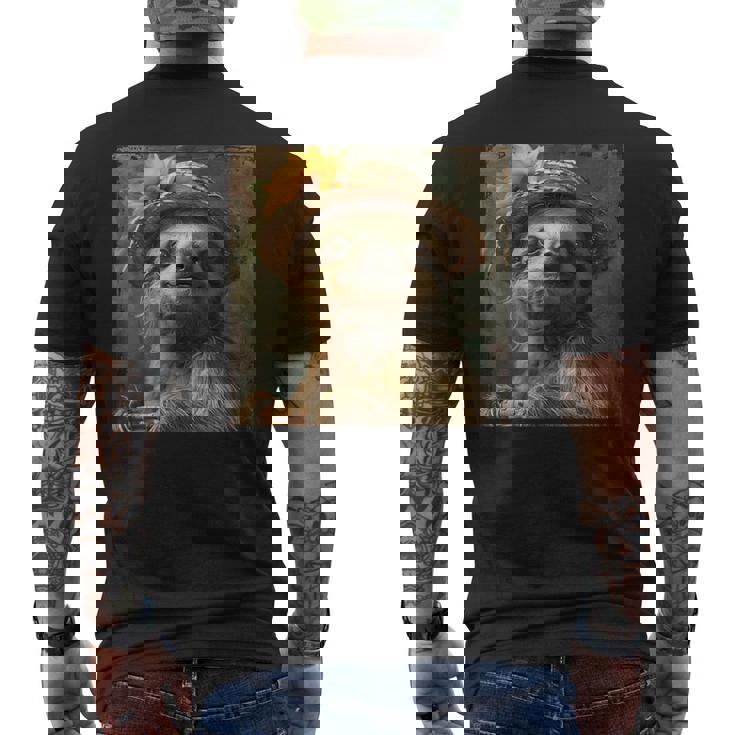 日よけ帽子をかぶったかわいいナマケモノ、面白いナマケモノ メンズTシャツ バックプリント