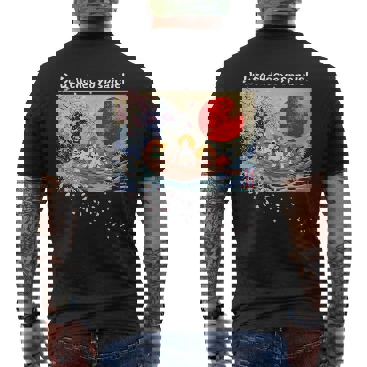 日本 版画 ダッチ デコイ スパニエル デコピン 神奈川の波 海 桜 メンズTシャツ バックプリント