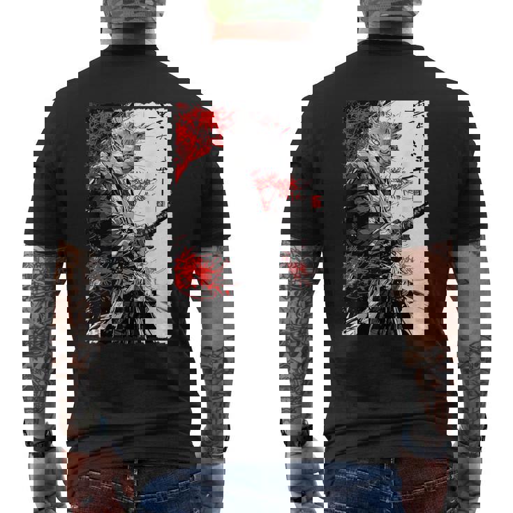 日本のクモユリ 侍 猫 グランジ 浮世絵 アニメアート メンズTシャツ バックプリント