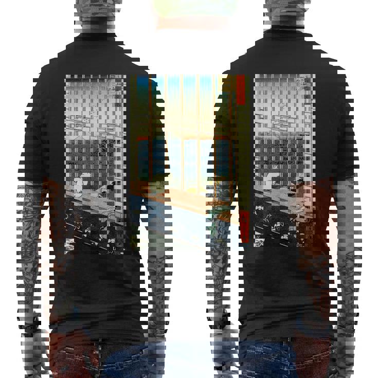 日本のヴィンテージアート 日本美術 浮世絵 日本の 多色刷 木版画 ネコ 猫 富士山 歌川 広重 メンズTシャツ バックプリント