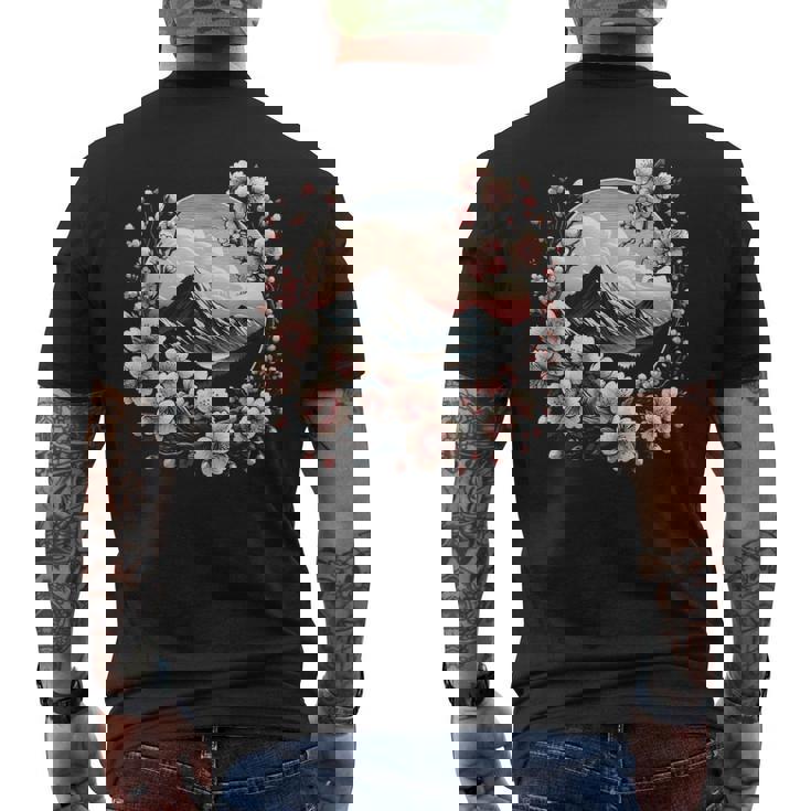 日本の桜 ピンク 桜 富士山 自然 アート メンズTシャツ バックプリント