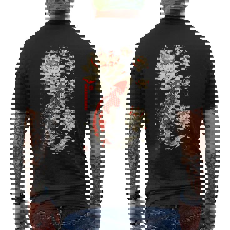 日本の鯉 魚 蓮の花 ヴィンテージ アート 日本 メンズTシャツ バックプリント