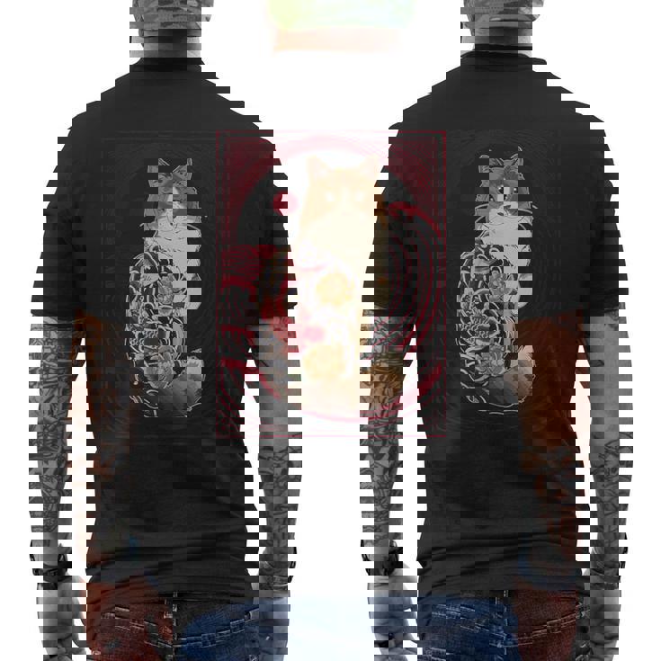 日本の鯉タトゥー猫アート美的ヴィンテージライジングサン メンズTシャツ バックプリント