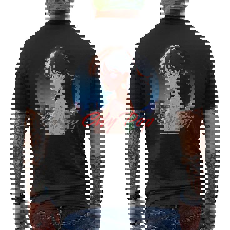 日本アニメ風 シティポップガール メンズTシャツ バックプリント