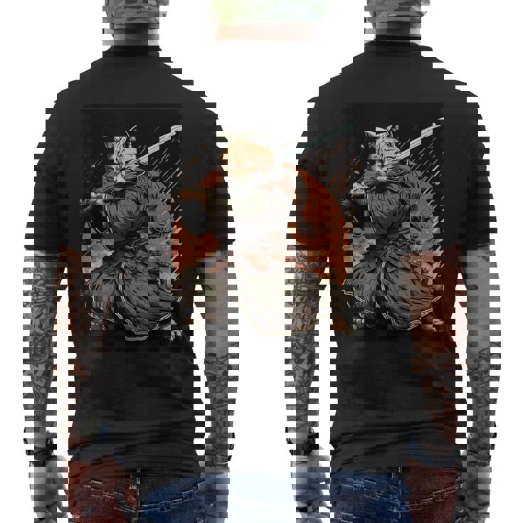 日本アート 猫 忍者 浮世絵 アニメ風 サムライキャット メンズTシャツ バックプリント