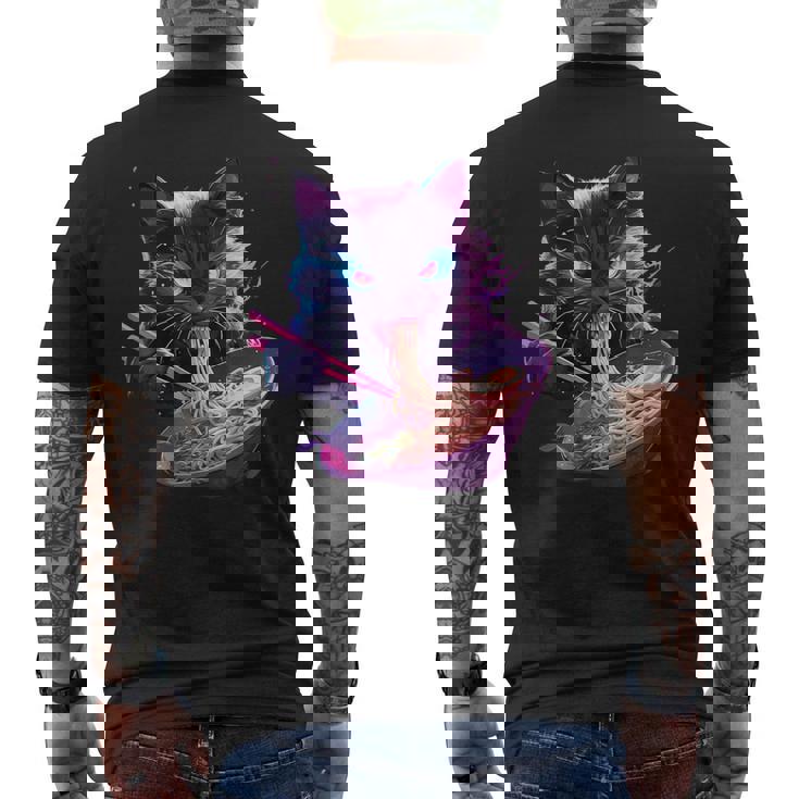 日本美術 ラーメン 猫 忍者 シンセウェーブ スタイル サムライキャット メンズTシャツ バックプリント