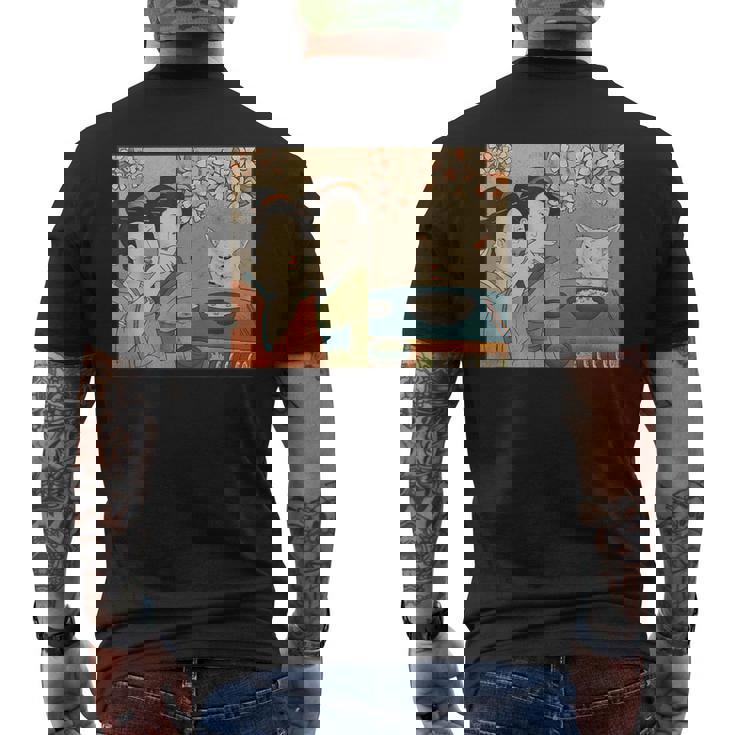 日本美術 桜猫と寿司 メンズTシャツ バックプリント