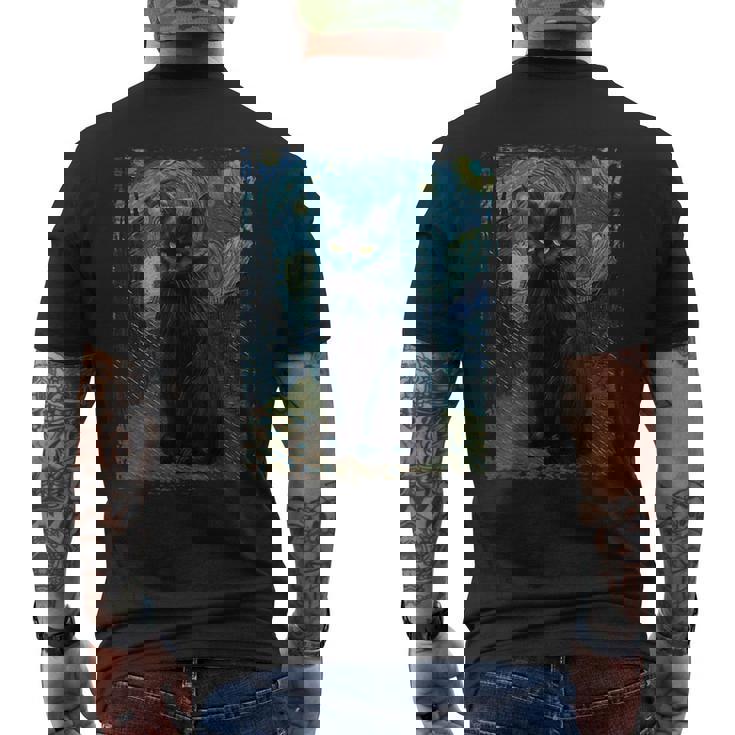 星月夜 ヴィンセント・ヴァン・ゴッホ 黒猫 レトロ絵画 猫 メンズTシャツ バックプリント