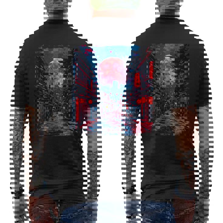 東京の街並み 日本の夜景 ライト付き ヴェイパーウェーブ メンズTシャツ バックプリント