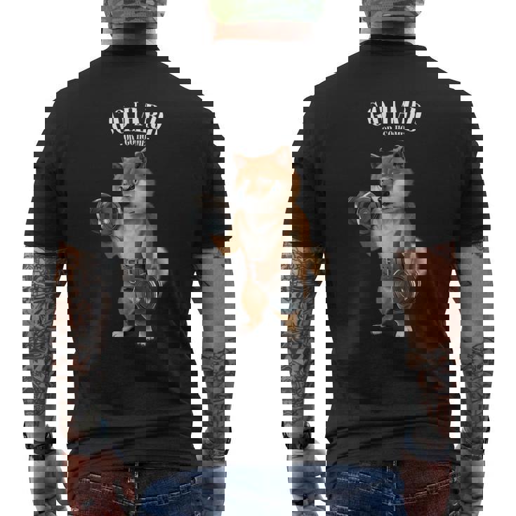 柴犬 筋トレ ダンベル付き フィットネスジム メンズTシャツ バックプリント