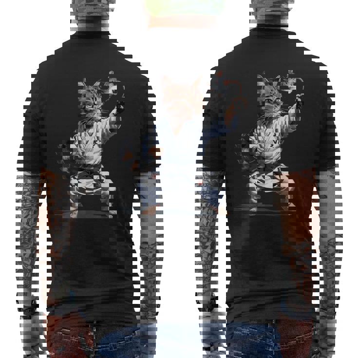 格闘技 猫 空手 黒帯 おもしろ戦闘機 メンズTシャツ バックプリント