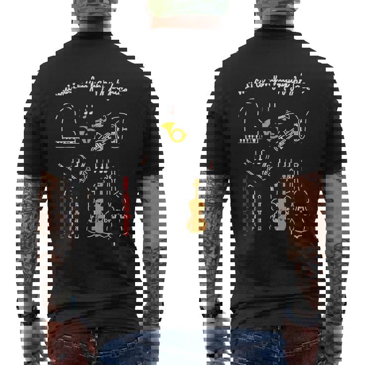 楽器 音楽 ピアノ 管楽器 木管楽器 弦楽器 音符 Music Is My Happy Place メンズTシャツ バックプリント