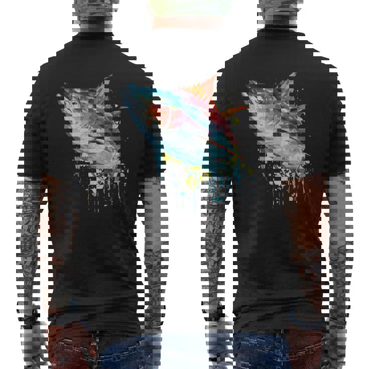 水彩 マグロ 魚 カラフル 海釣り 釣り メンズTシャツ バックプリント