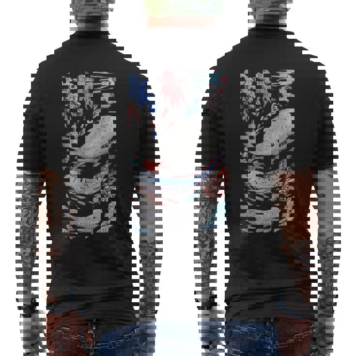 深海の海の生き物 オールフィッシュホエールサメ 水彩画 メンズTシャツ バックプリント