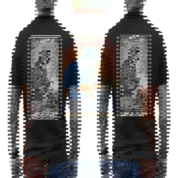 溶接機 溶接 タロット カード スケルトン 面白い 金属製 労働者 メンズTシャツ バックプリント