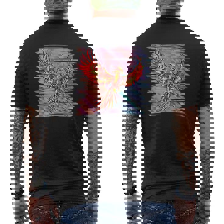 灰からのフェニックス 不死鳥 フェニックス 鳳凰 神話上の生き物 火 バード メンズTシャツ バックプリント