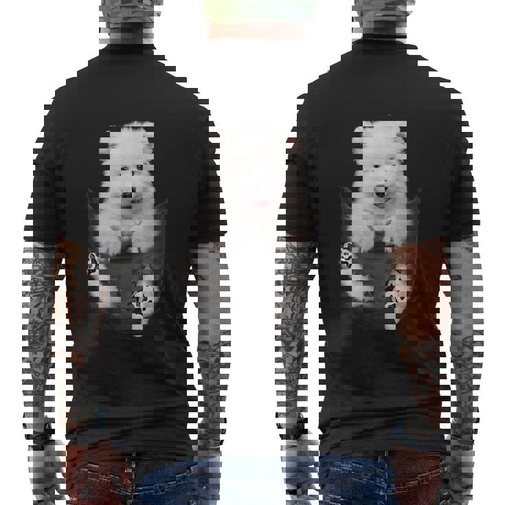 犬好きの方へのギフト サモエド ポケットに入った面白い犬の顔 メンズTシャツ バックプリント