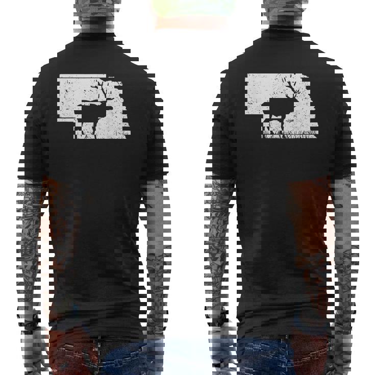 狩猟ヘラジカまたはワピティ ネブラスカ地図アートハンター メンズTシャツ バックプリント