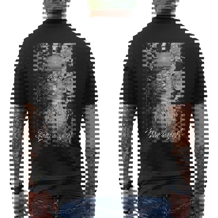 猫 モノクロ 写真 おしゃれ 可愛い 個性的 ハロウィン かぼちゃ メンズTシャツ バックプリント