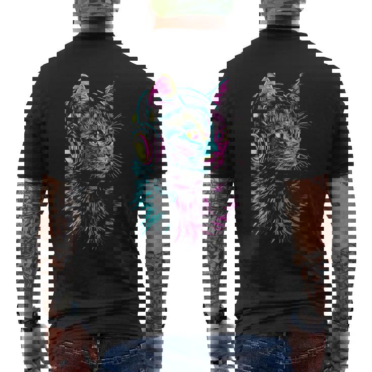 猫 動物 モチーフ 音楽 ヘッドホン イラスト 猫 メンズTシャツ バックプリント