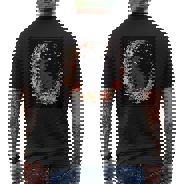 猫 月 花柄 グラフィック メンズTシャツ バックプリント