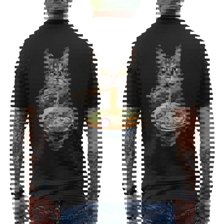 猫がラーメンを食べる リアル メンズTシャツ バックプリント