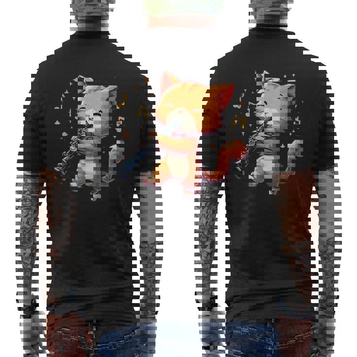 猫好きのためのかわいい猫のデザイン 猫がクラリネットを弾く メンズTシャツ バックプリント