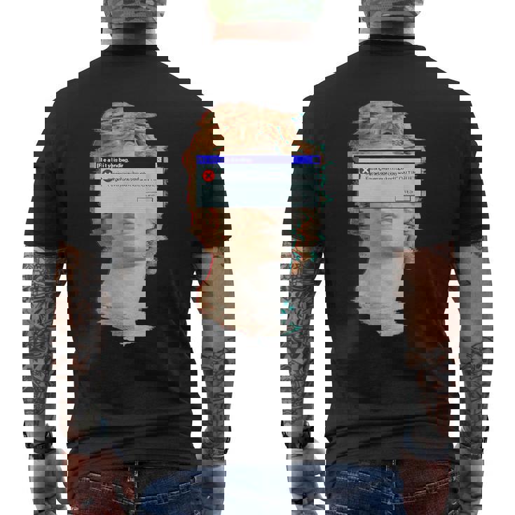 現実は曲がっている。エラーポップアップ付きの美的ギリシャ像 メンズTシャツ バックプリント