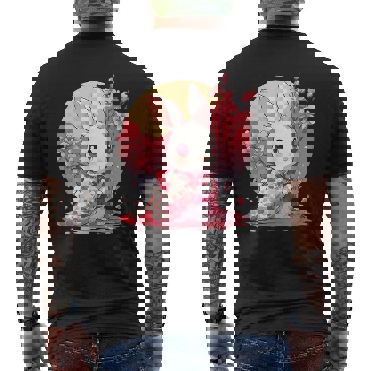 白うさぎの春のさくらアドベンチャー メンズTシャツ バックプリント