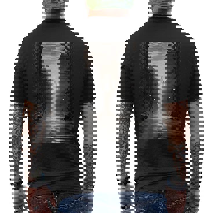 白黒写真 街の街の夕焼け写真 メンズTシャツ バックプリント